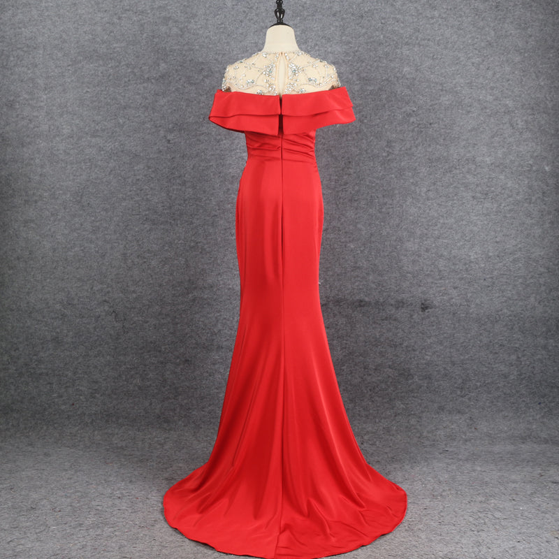 High Quality Elegant Beaded Tube Top Cross Red Mermaid Evening Dress - Image 5