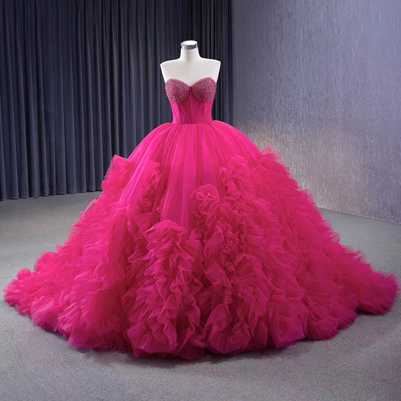High-End Fuchsia Beading Pearl Sequins Cascading Ruffles Prom Dresses Strapless Corset Sleeveless Prom Formal Dresses