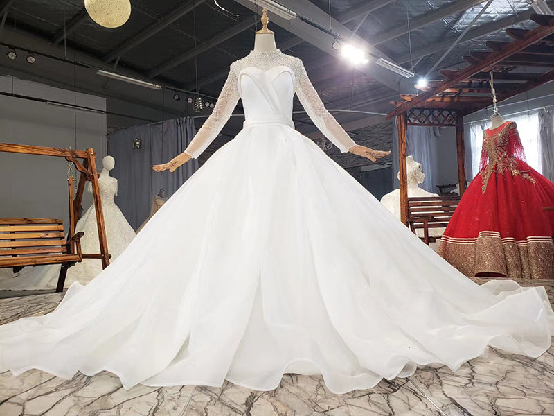 High Neck Long Sleeve Luxury Beading Crystal Wedding Dress - Image 4