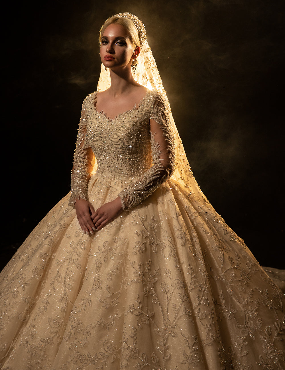 Princess Long Sleeve Bridal Dress Square Neck Beautiful Lace Wedding Beaded Bridal Dress - Image 7