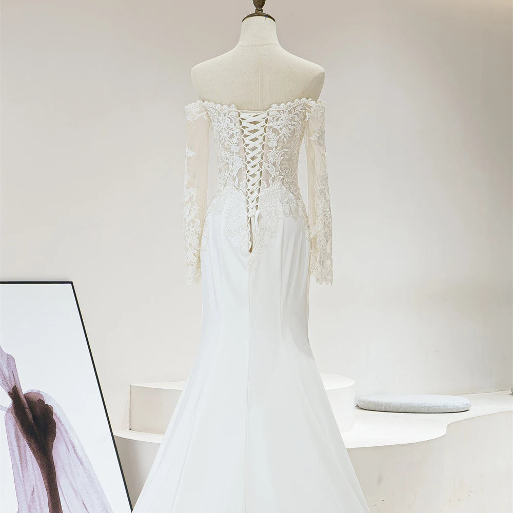 Beach Off Shoulder Boat Neck Lace Fabric Mermaid Wedding Dresses - Image 4
