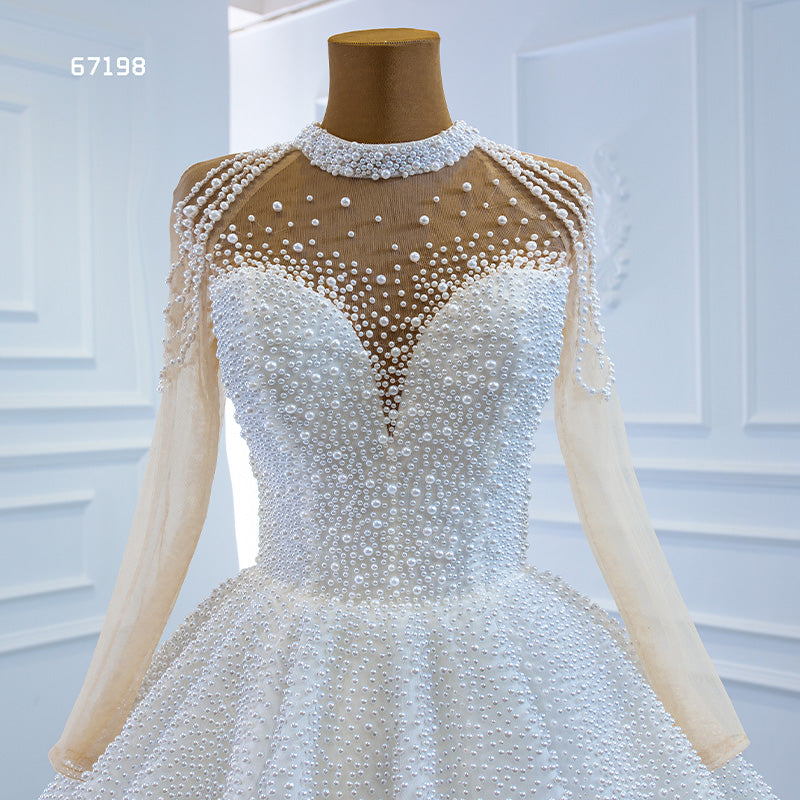 Modest Long Sleeve Elegant Luxury Full Pearl Wedding Dress - Image 6
