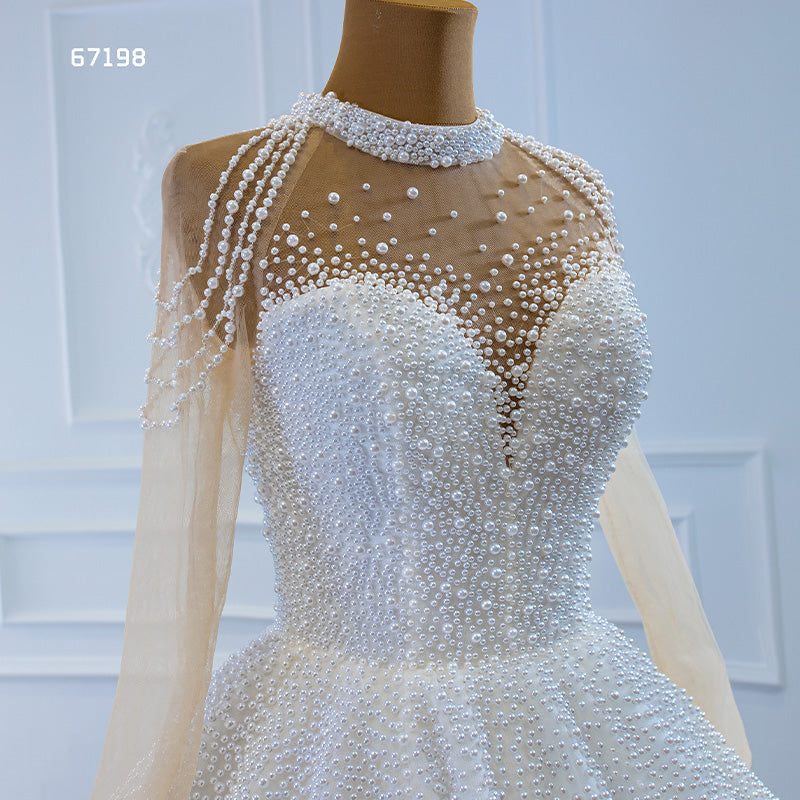 Modest Long Sleeve Elegant Luxury Full Pearl Wedding Dress - Image 7