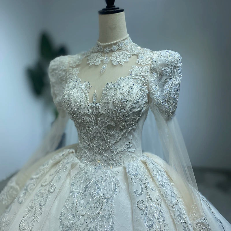 Heavy-Duty Luxury Wedding Shawl Yarn Shiny Puff Shoulder Long-Sleeved Ball Gown French Wedding Dress - Image 7