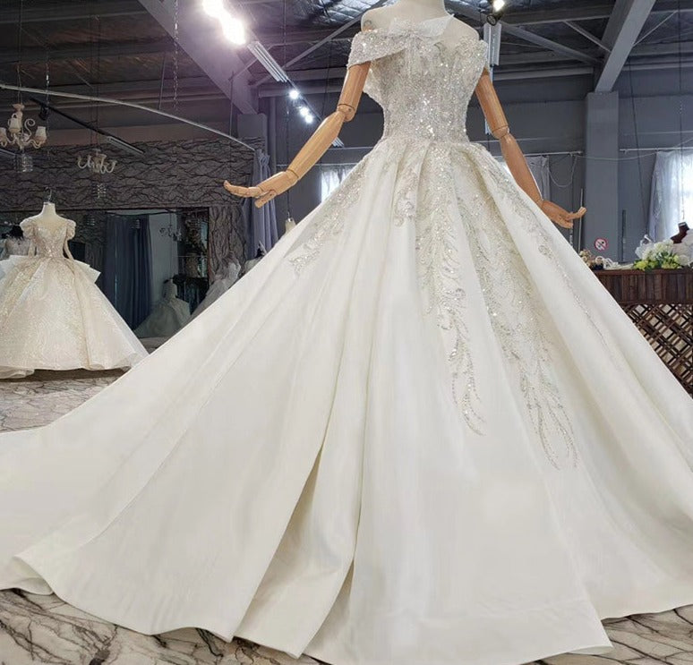 Off Shoulder Deep V Beading Satin Wedding Dress For Bride