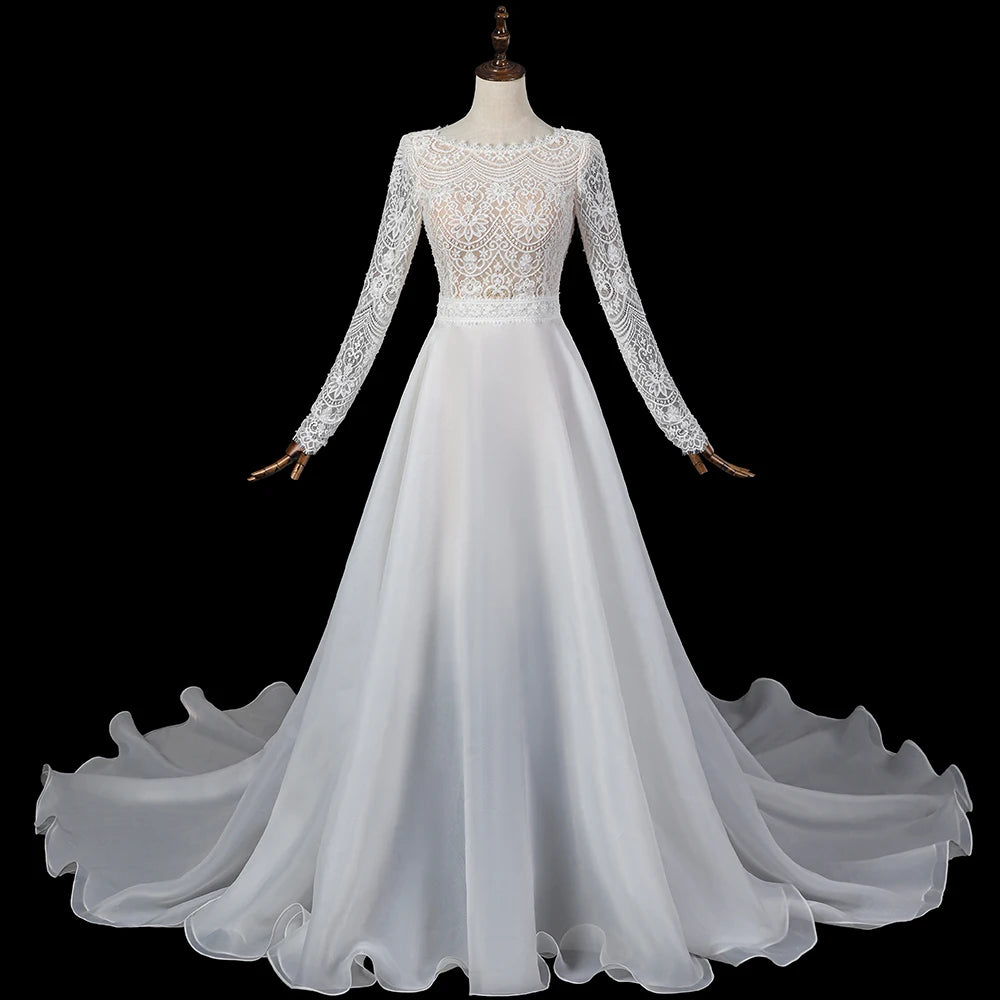 Elegant Lace Long Sleeves Wedding Dress Fluffy V Back Tulle Skirt Bridal Gowns