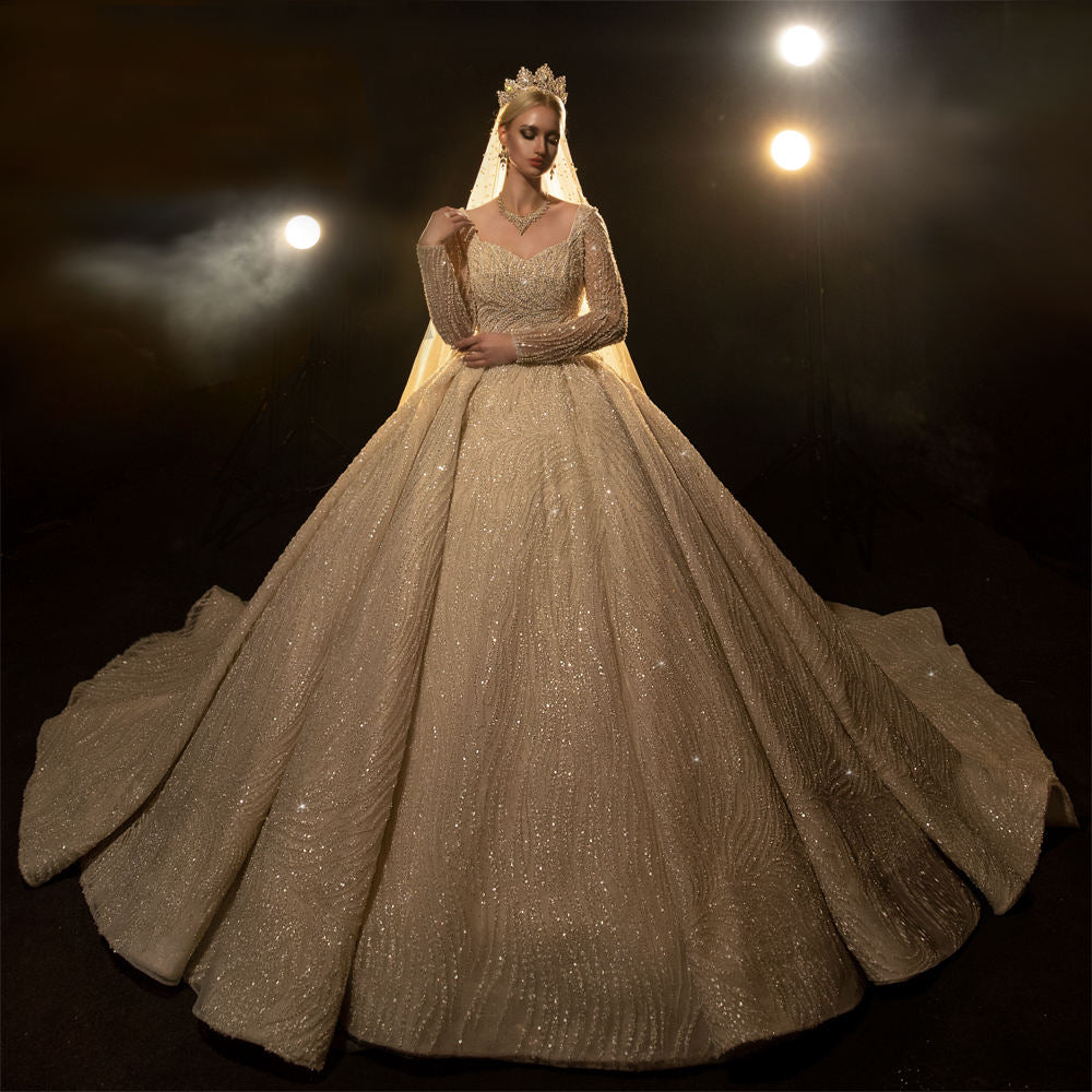 Wedding Luxury Crystal Long Sleeve Dress Bridal Gown