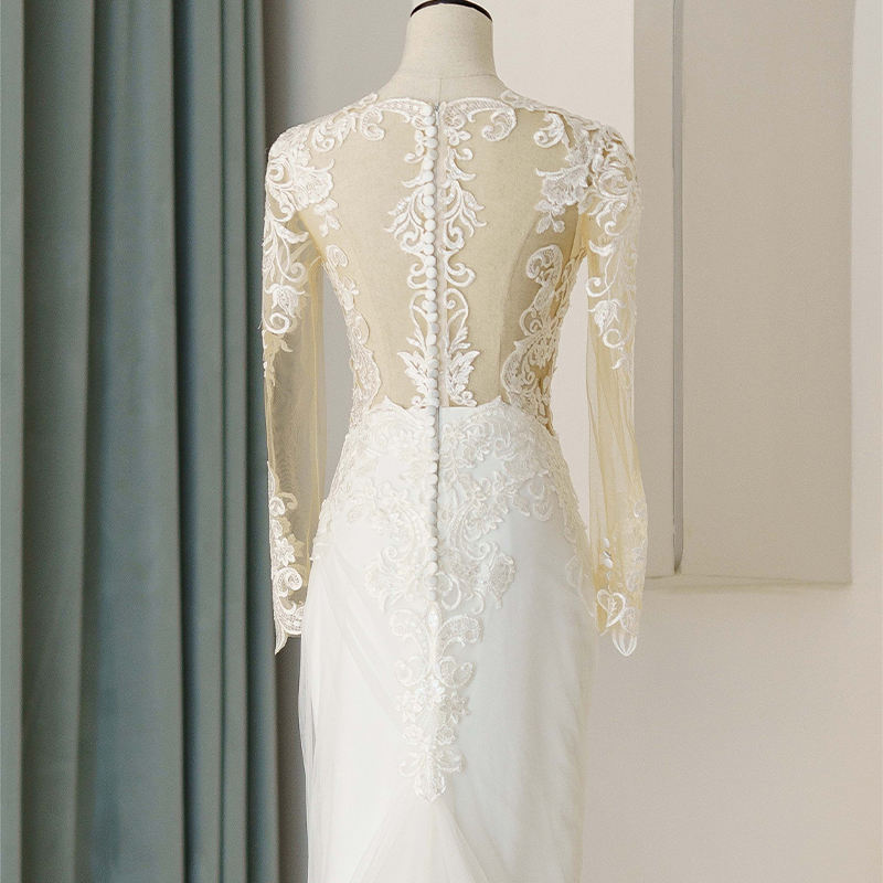 Mermaid Pattern Full Sleeve Illusion Wedding Dress - Image 7