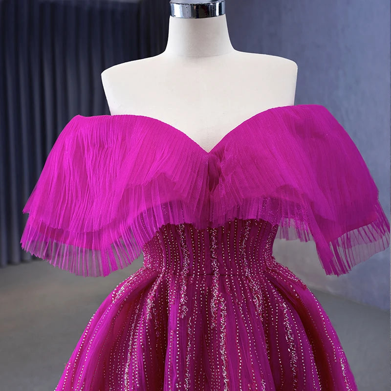 Honeyed Pink Fuchsia Tulle Prom Gowns Formal Evening Dresses Beadings A-Line Dress Floor Length - Image 5