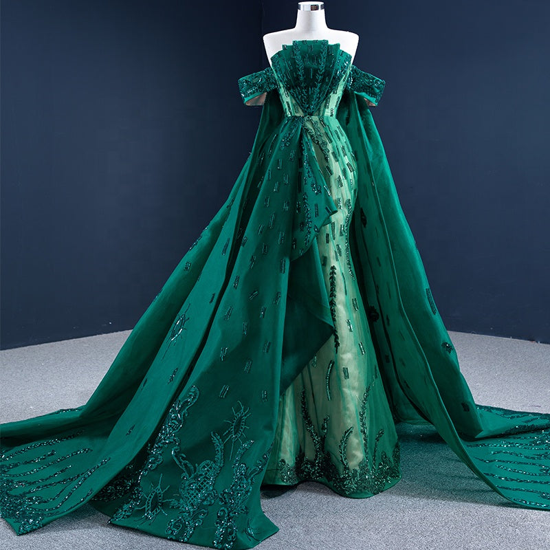 Ladies Elegant Beaded Slim Fit Green Evening Dress - Image 2