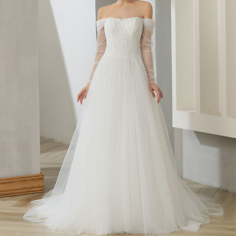Elegant Off The Shoulder Half Sleeve Boat Neck Organza Sequins A-line Wedding Dress