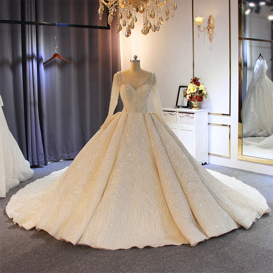 Sweetheart Luxury Wedding Bridal Dress Long Sleeve Bling Lace Dress