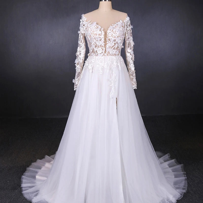 Charming White See-Through Bridal Wedding Dresses A-Line Princess Long Sleeve Deep V-Neck Backless Appliques Lace Beading