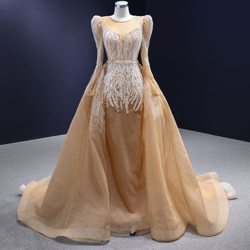 Champagne Long Sleeve Beaded Mermaid Evening Dresses With Detachable Train
