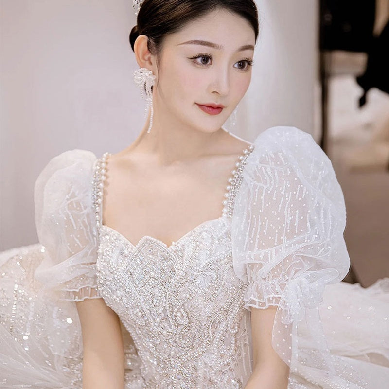 2022 New Puff Sleeve Big Trailing Bride Heavy Industry Luxury French Simple Ladies Wedding Dress - Image 4