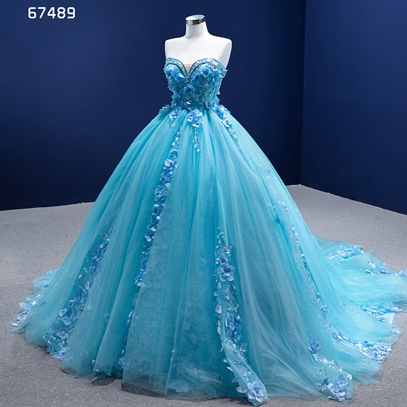 Women Elegant Lace Fabric 3D Flower Tube Top Beaded Blue Evening Dress 2022