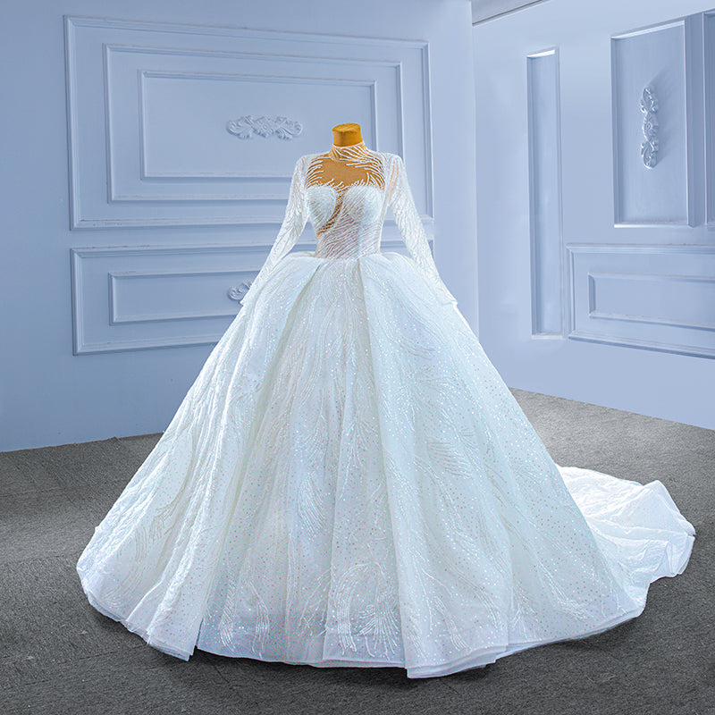 New Elegant Long Sleeve Lace Sequined Fabric Wedding Dress
