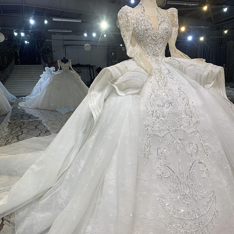 Perfect Stylish V-neck Full Sleeves Pearls Backless Lace Up Wedding Dress