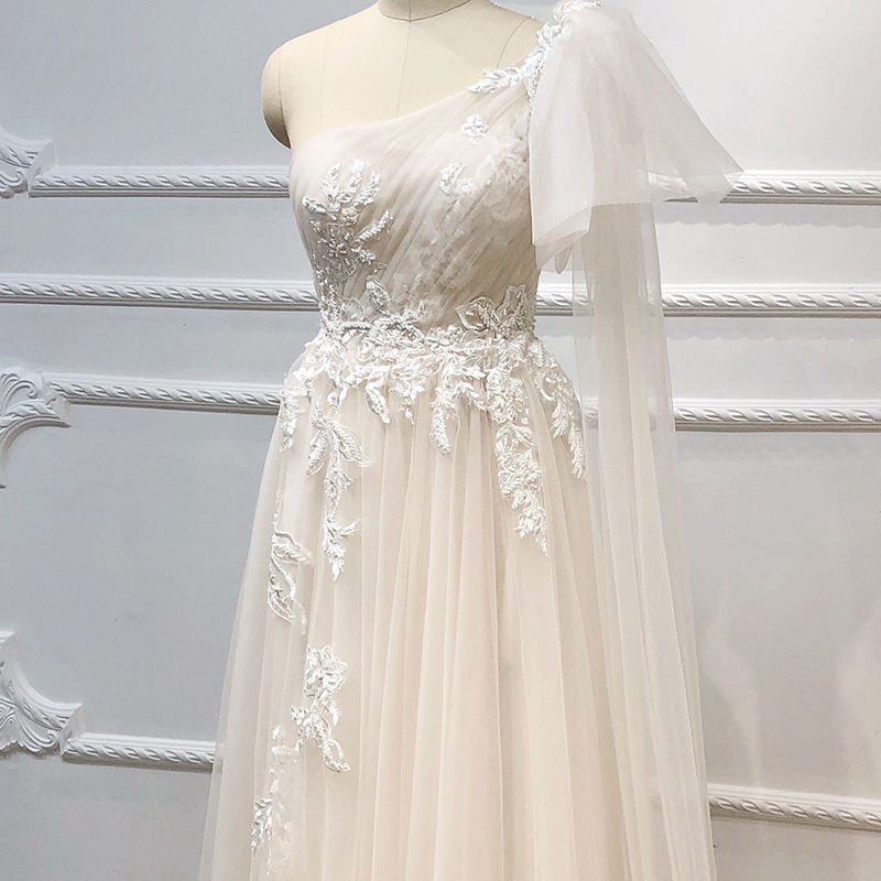 One Shoulder Backless Floor Length Floral Print Wedding Dresses - Image 3