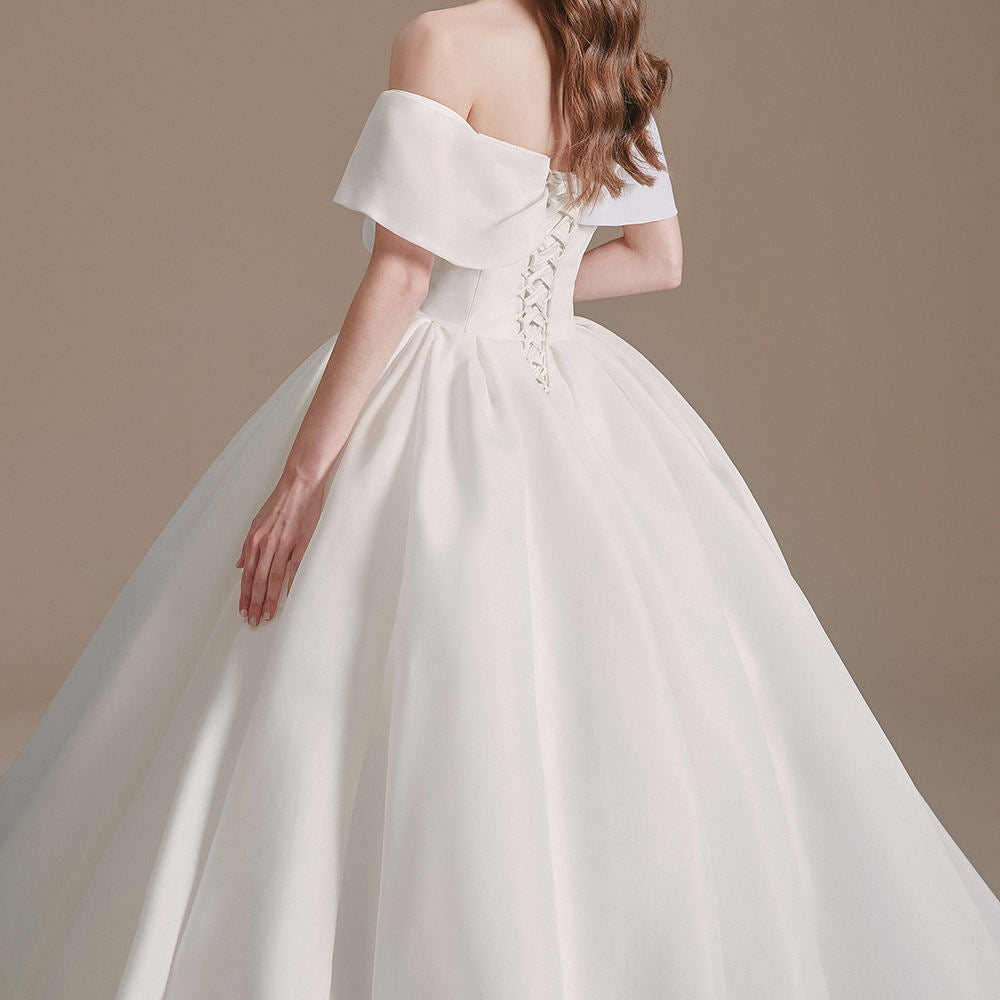 Princess Boat Neck Off Shoulder Satin Bridal Ball Gown Wedding Dress - Image 3