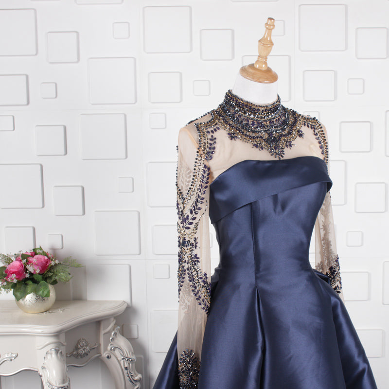 high neck beaded satin navy dresses women party - Image 4