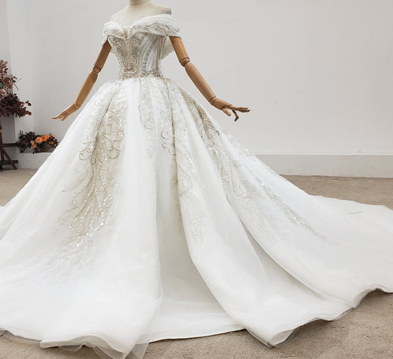 Luxury Women Elegant Off Shoulder Beading Wedding Dress For Bride