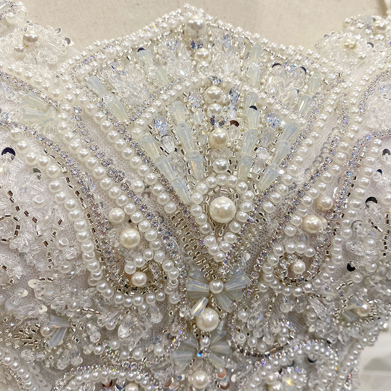 Pearls Luxury Square Collar Short Sleeve Ball Gown Wedding Dresses Bridal Gowns - Image 4