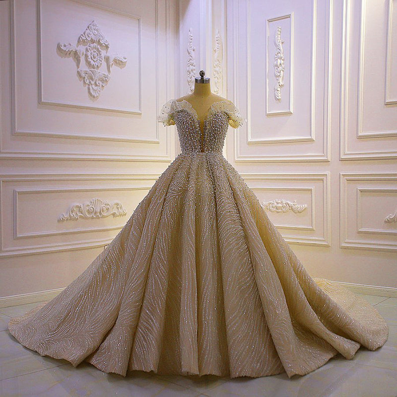 2022 New Luxury Sweetheart Deep V Neck Pearl Bridal Wedding Dress