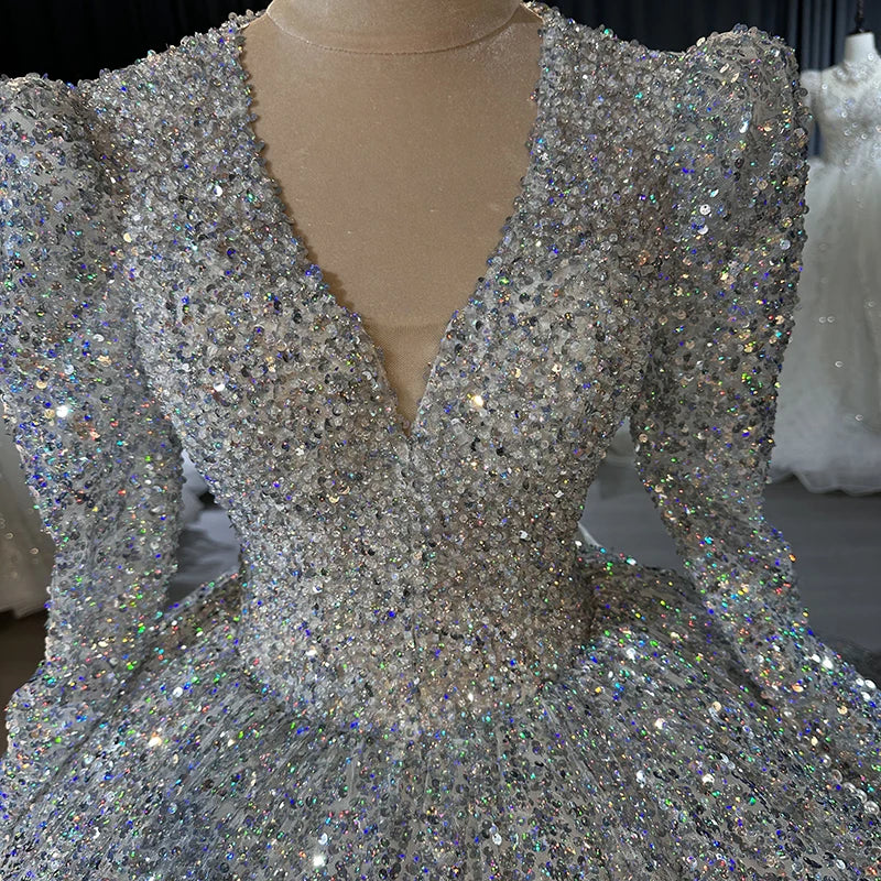 Elegant Ball Gown Long Sleeve Sweet Dresses Puffy Sliver Glitter Wedding Dress - Image 6