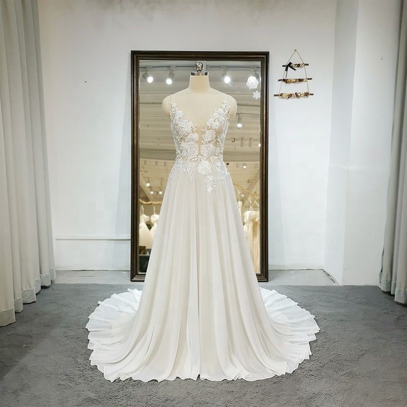 Latest Design One Line Wedding Ladies White Simple Embroidered Bridal Dress
