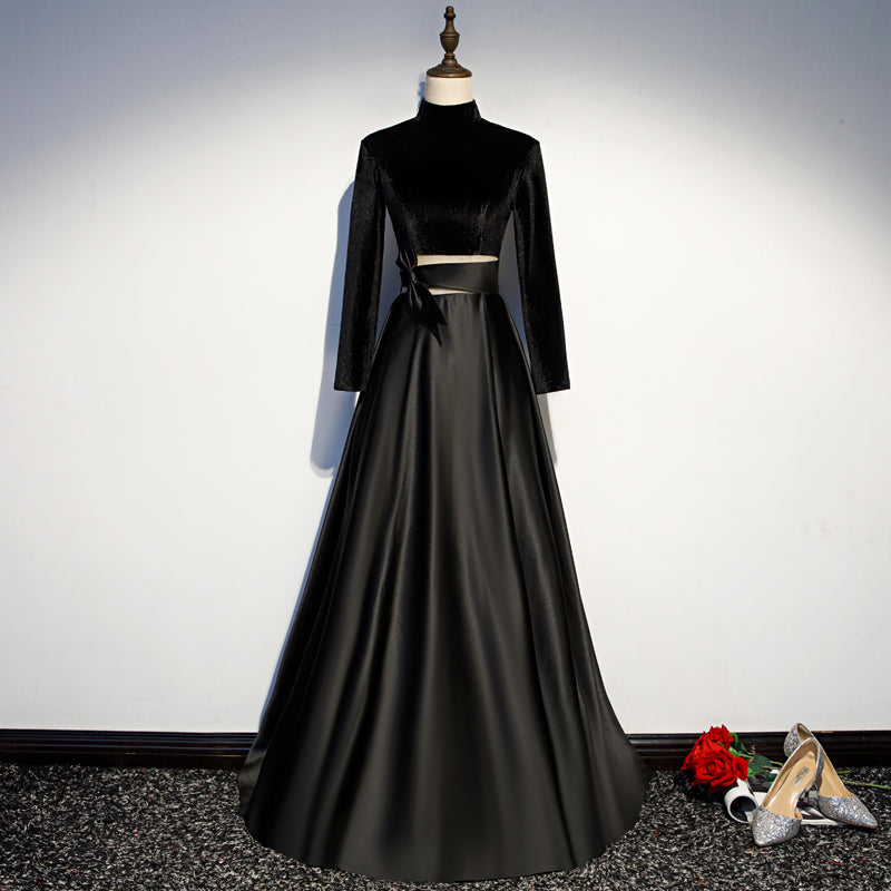 women elegant long sleeve high neck velvet black high end women satin evening dress