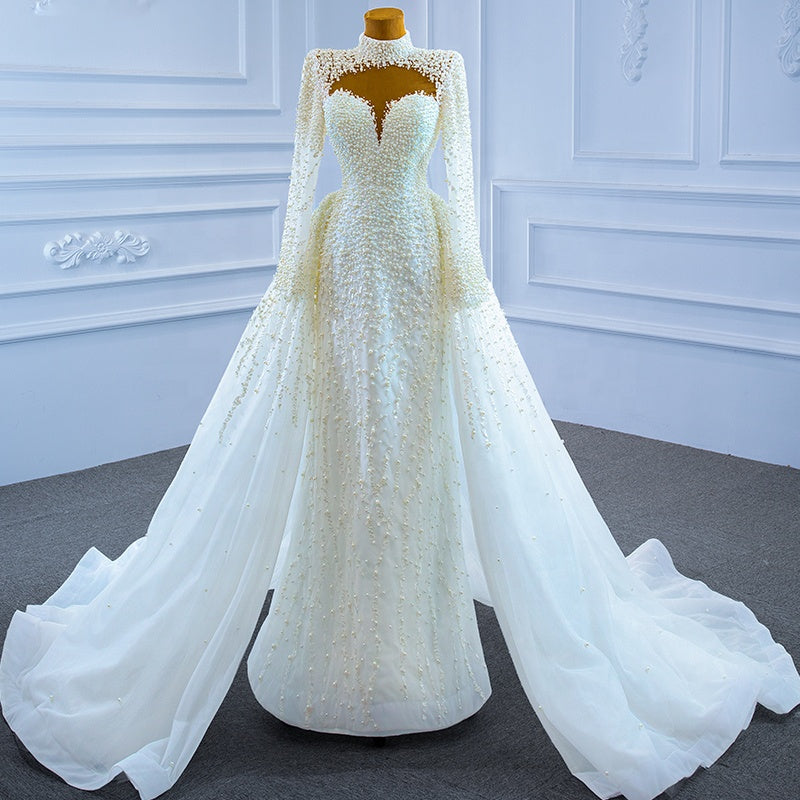 Long Sleeve Women Fashion A Line Detachable Train Wedding Dress For Bridal