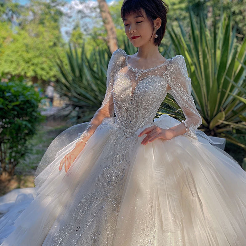 Beautiful French Long Sleeve Lace Bridal Trailing Wedding Dress - Image 4