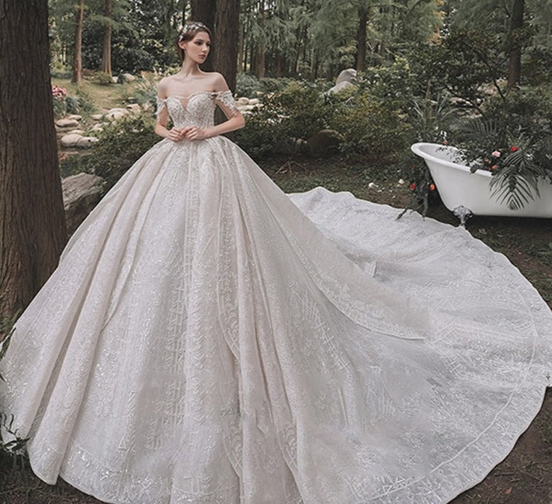 Luxury Women Fashion Princess Nigerian Lace Long Tail Wedding Dresses