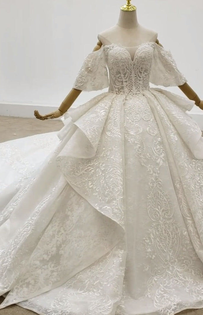 Beaded Sweetheart Lace Applique Luxury Long Train Wedding Dress - Image 2