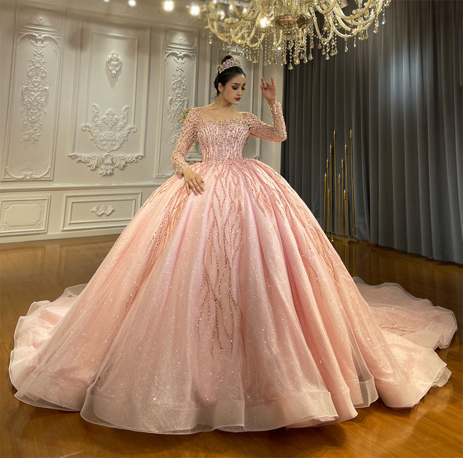 Luxurious Full Pink Embellishments Wedding Dress Ball Gown