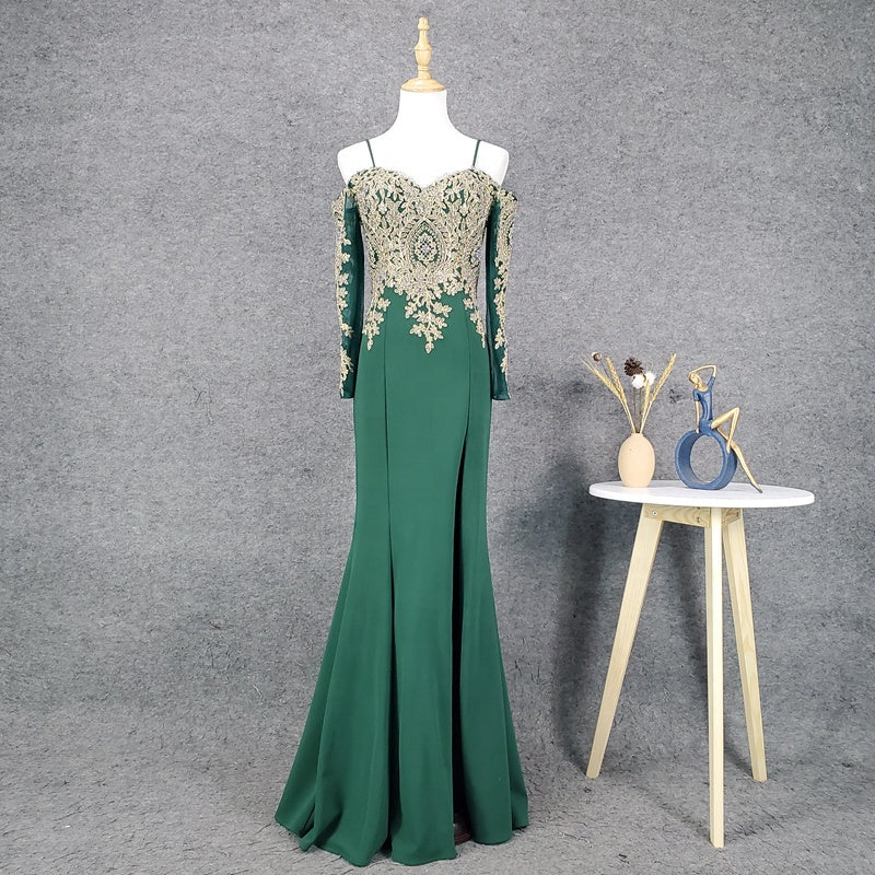 Ladies New Elegant Sling Half Sleeve Embroidered Mermaid Evening Dress