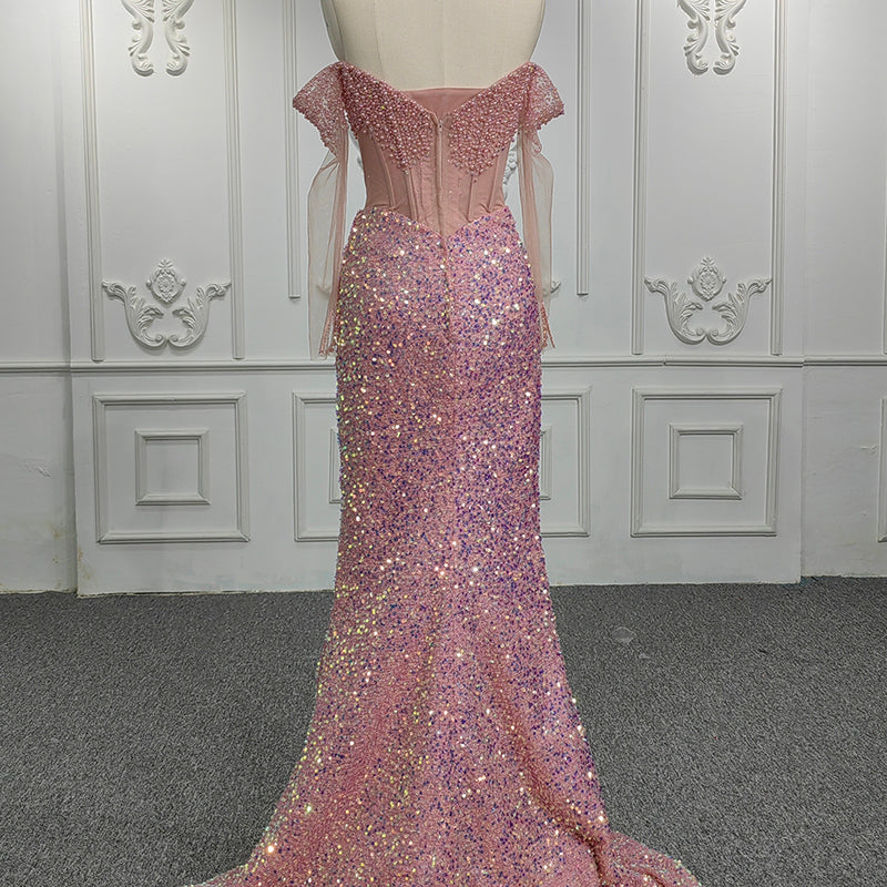 Illusion Lace Sequins Red Mermaid Party Gowns Evening Dresses - Image 7