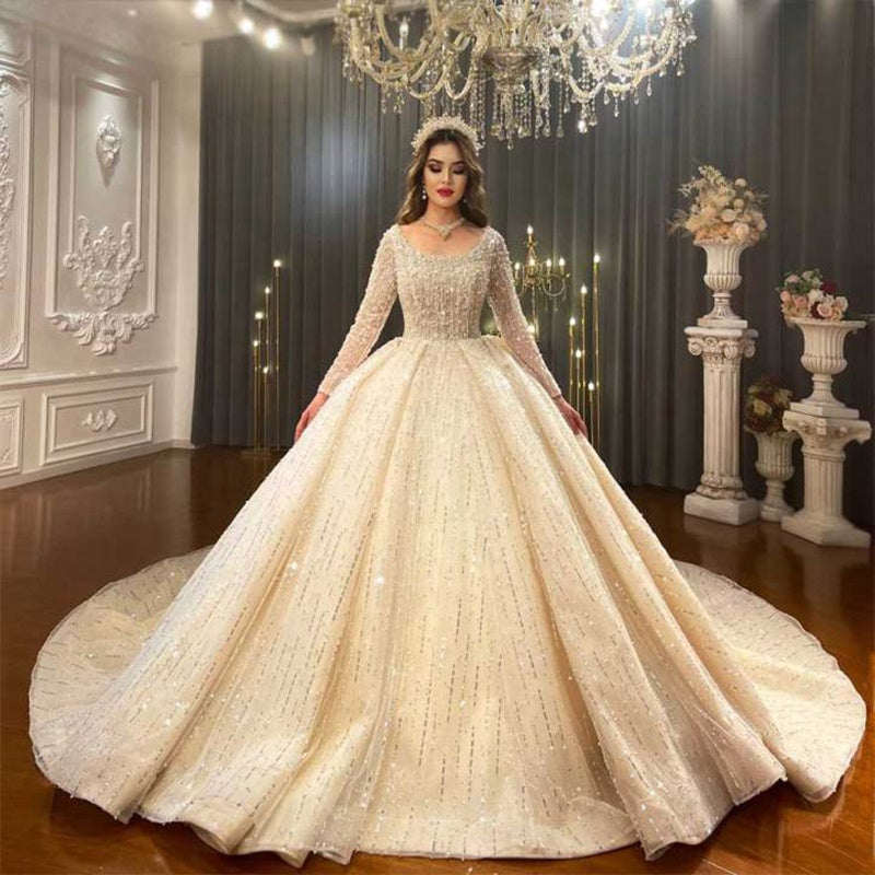 2022 New Luxury Long Sleeve Square Neck Pearl Fringe Sequins Ballroom Wedding Princess