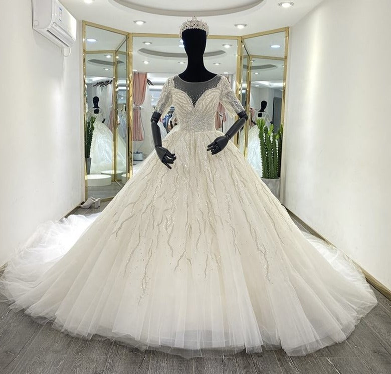 Lace Backless Short Sleeve Bridal Wedding Gowns