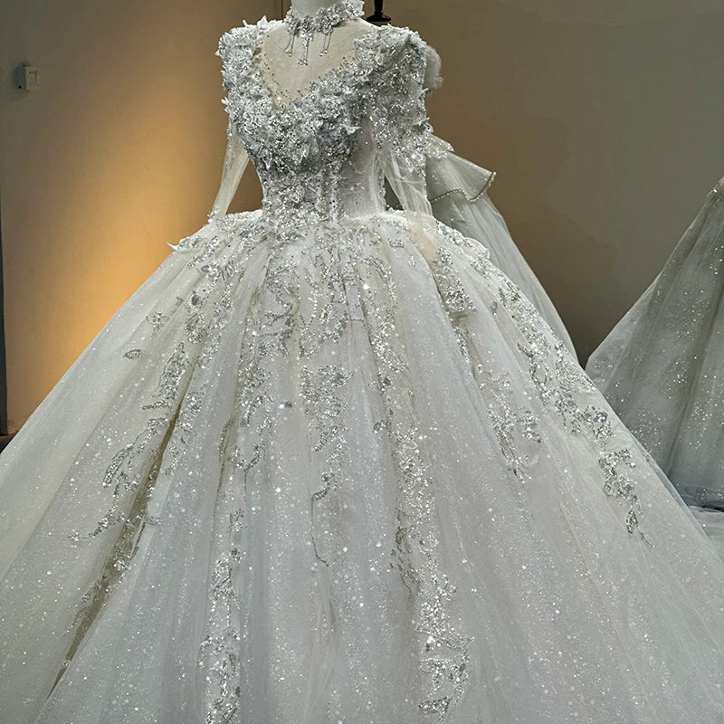 Princess Wedding Dress Illusion O-Neck Long Sleeve Pure Handmade Embroidery Applique Beading Formal Bride Gown - Image 6