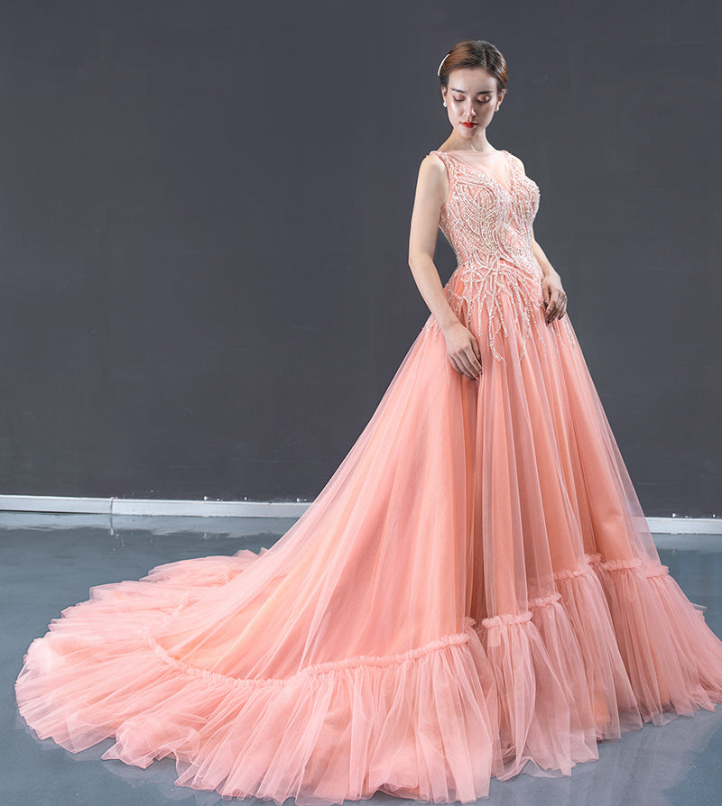 high quality pink long train lace sexy evening dresses - Image 3