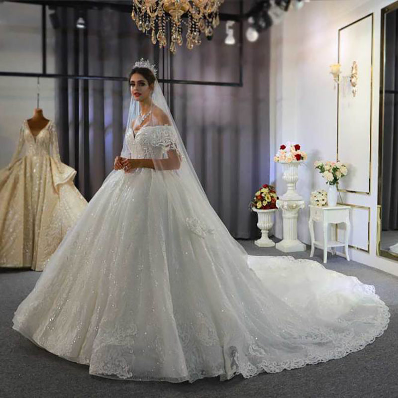 2022 New Elegant Bridal Wedding Dress Lace One Shoulder Embroidered White Princess Wedding Dress - Image 3