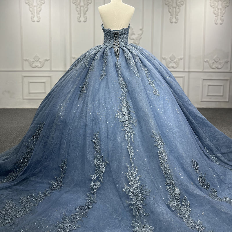 Elegant Blue Lace Sleeveless Ball Gown - Image 6