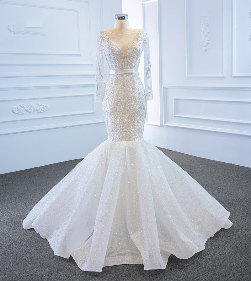 Long Sleeve Lace Mermaid Lace Elegant Bride Wedding Dress - Image 8