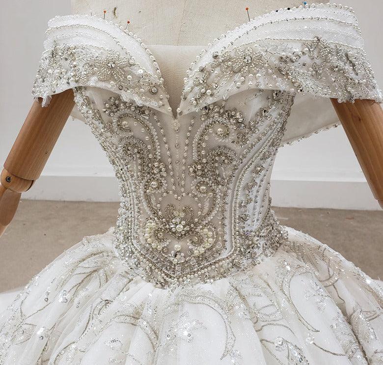 Luxury Women Elegant Off Shoulder Beading Wedding Dress For Bride - Image 6