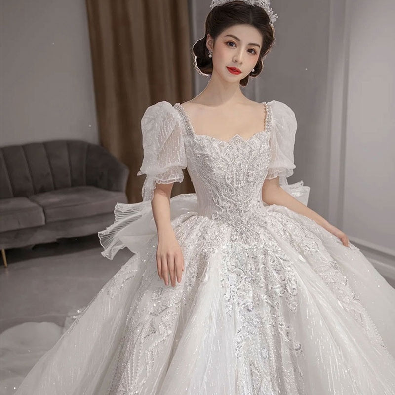 2022 New Puff Sleeve Big Trailing Bride Heavy Industry Luxury French Simple Ladies Wedding Dress - Image 3