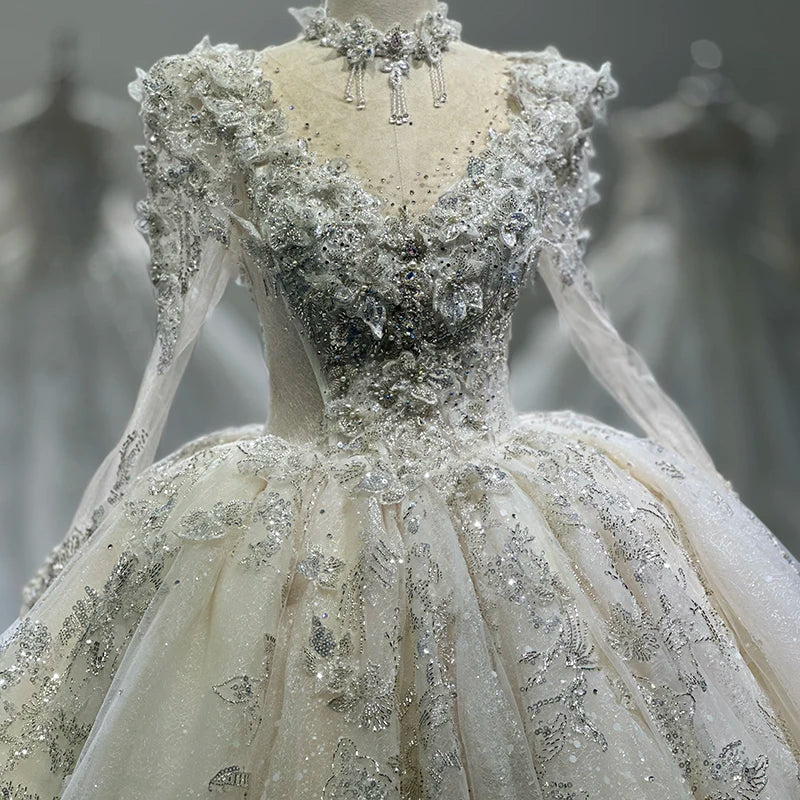 Princess Wedding Dress Illusion O-Neck Long Sleeve Pure Handmade Embroidery Applique Beading Formal Bride Gown - Image 4