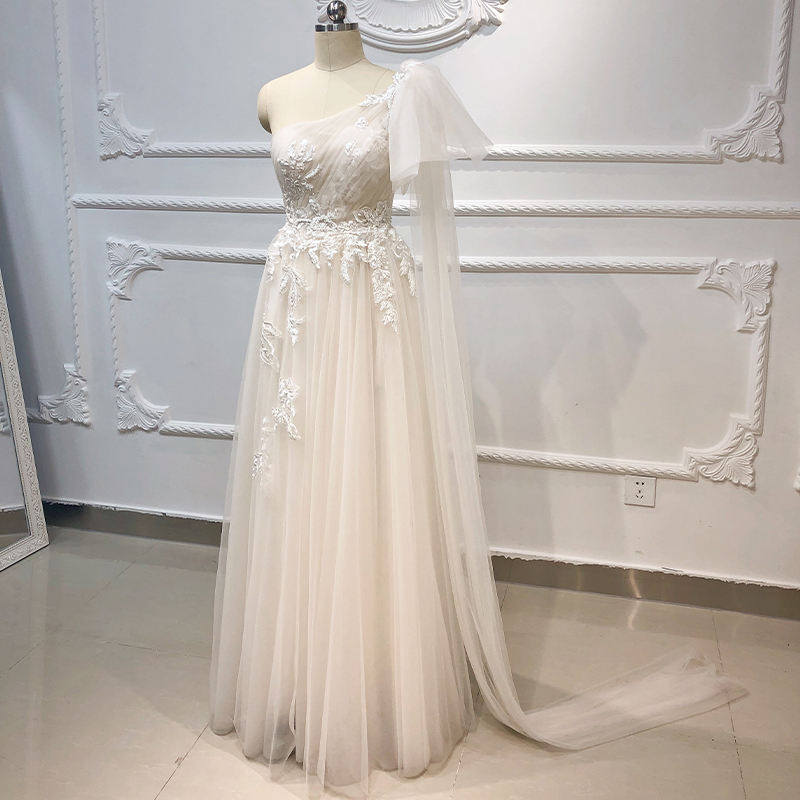 One Shoulder Backless Floor Length Floral Print Wedding Dresses