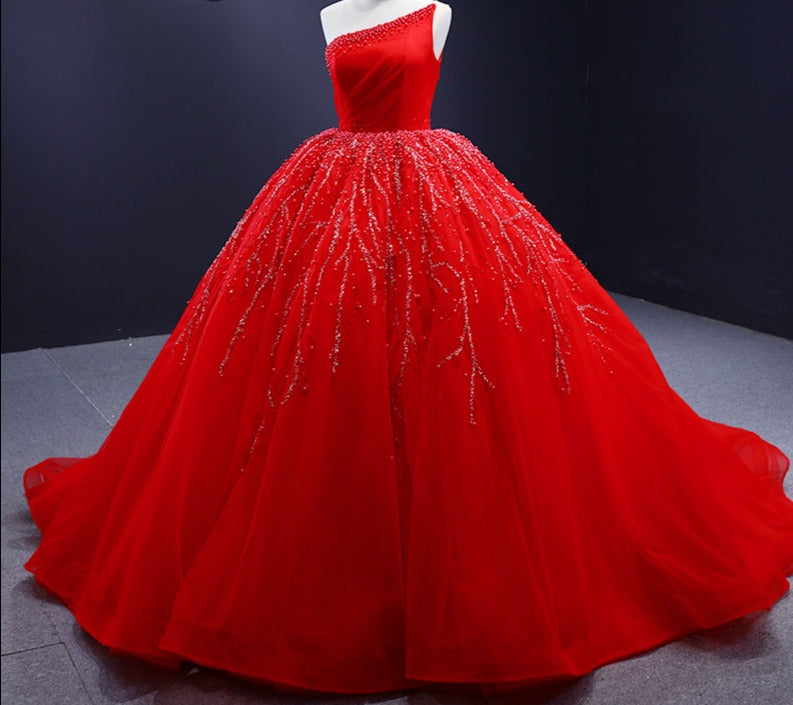 Sequins One Shoulder Lace Ball Gown Evening Party Dresses - Image 2
